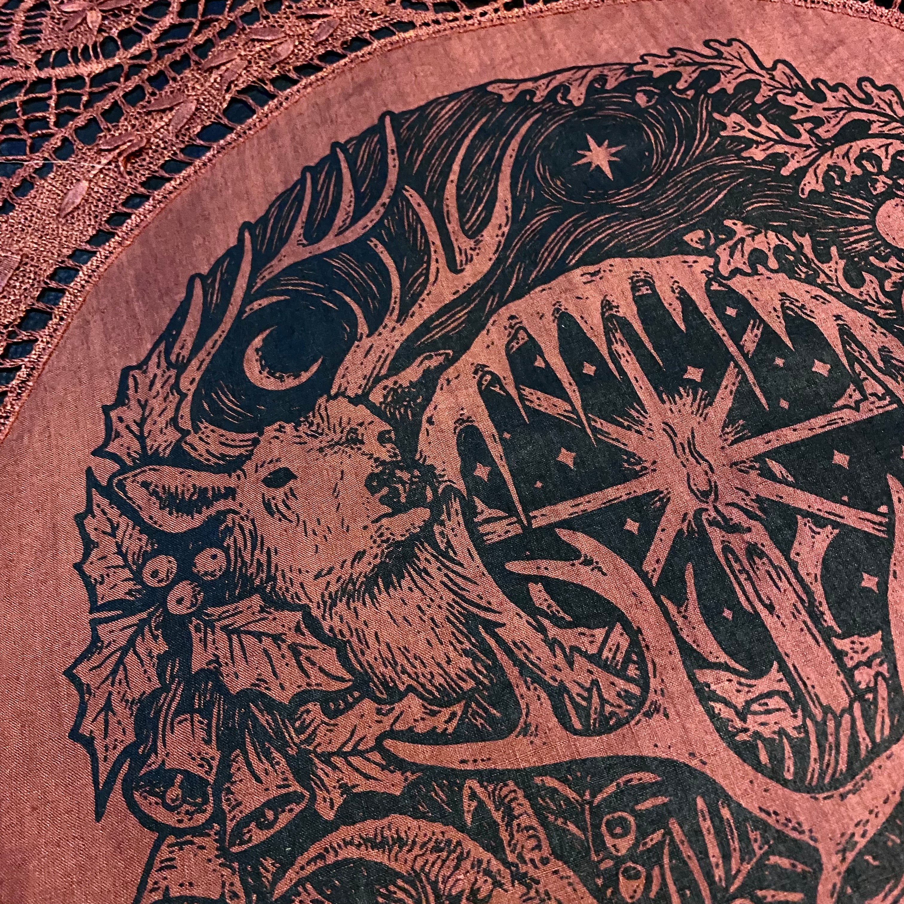 Winter's Wheel round altar cloth in Pomegranate, one-of-a-kind