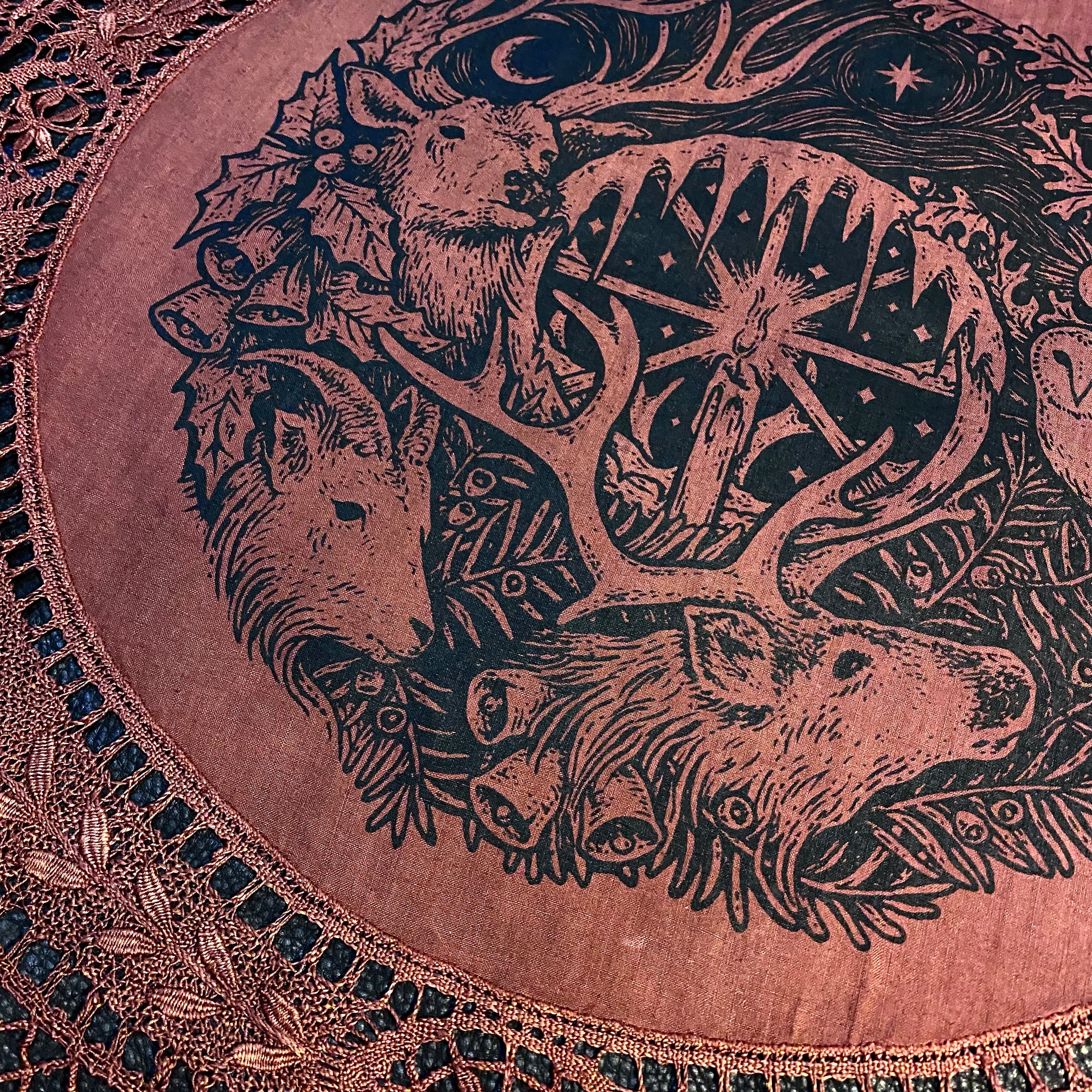 Winter's Wheel round altar cloth in Pomegranate, one-of-a-kind