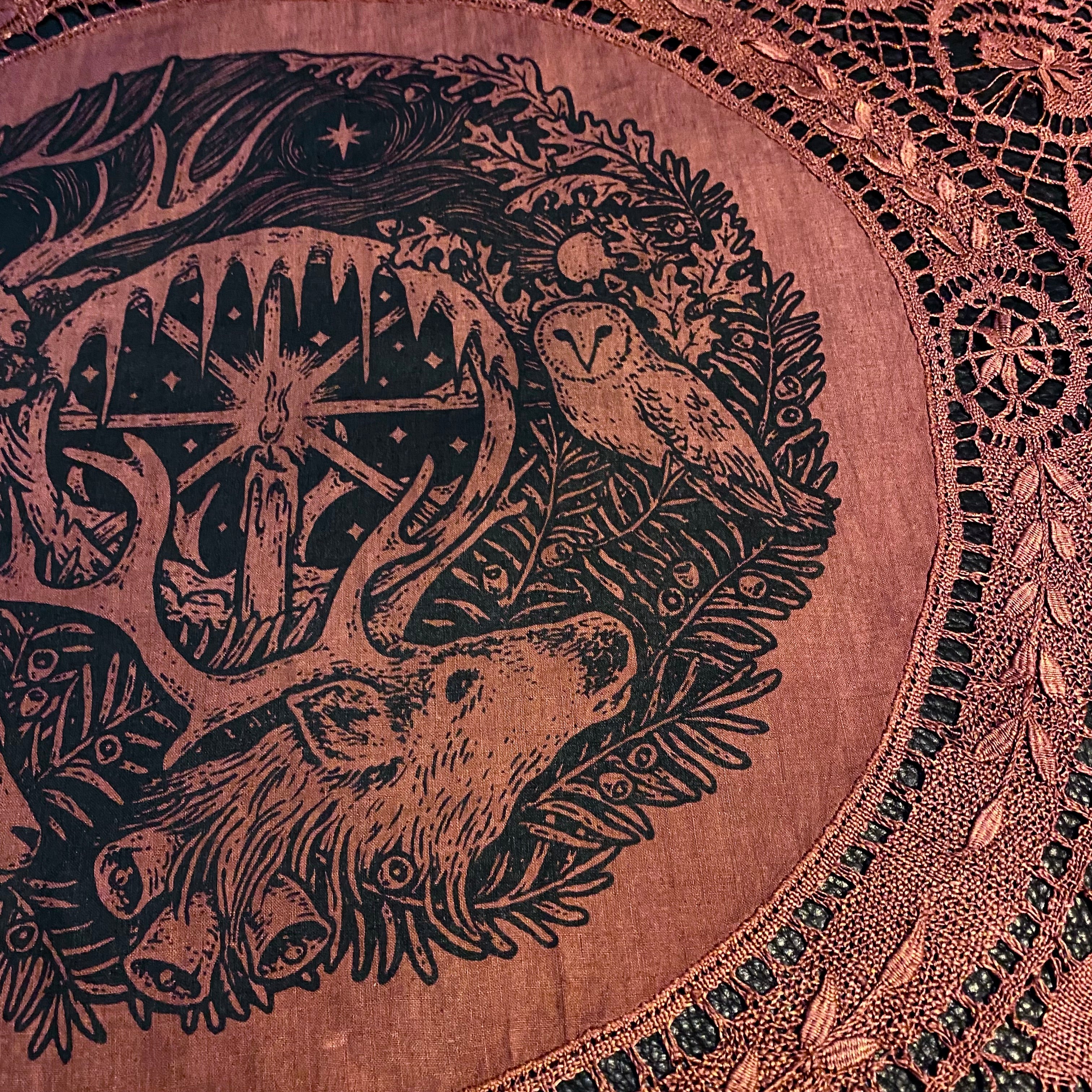 Winter's Wheel round altar cloth in Pomegranate, one-of-a-kind