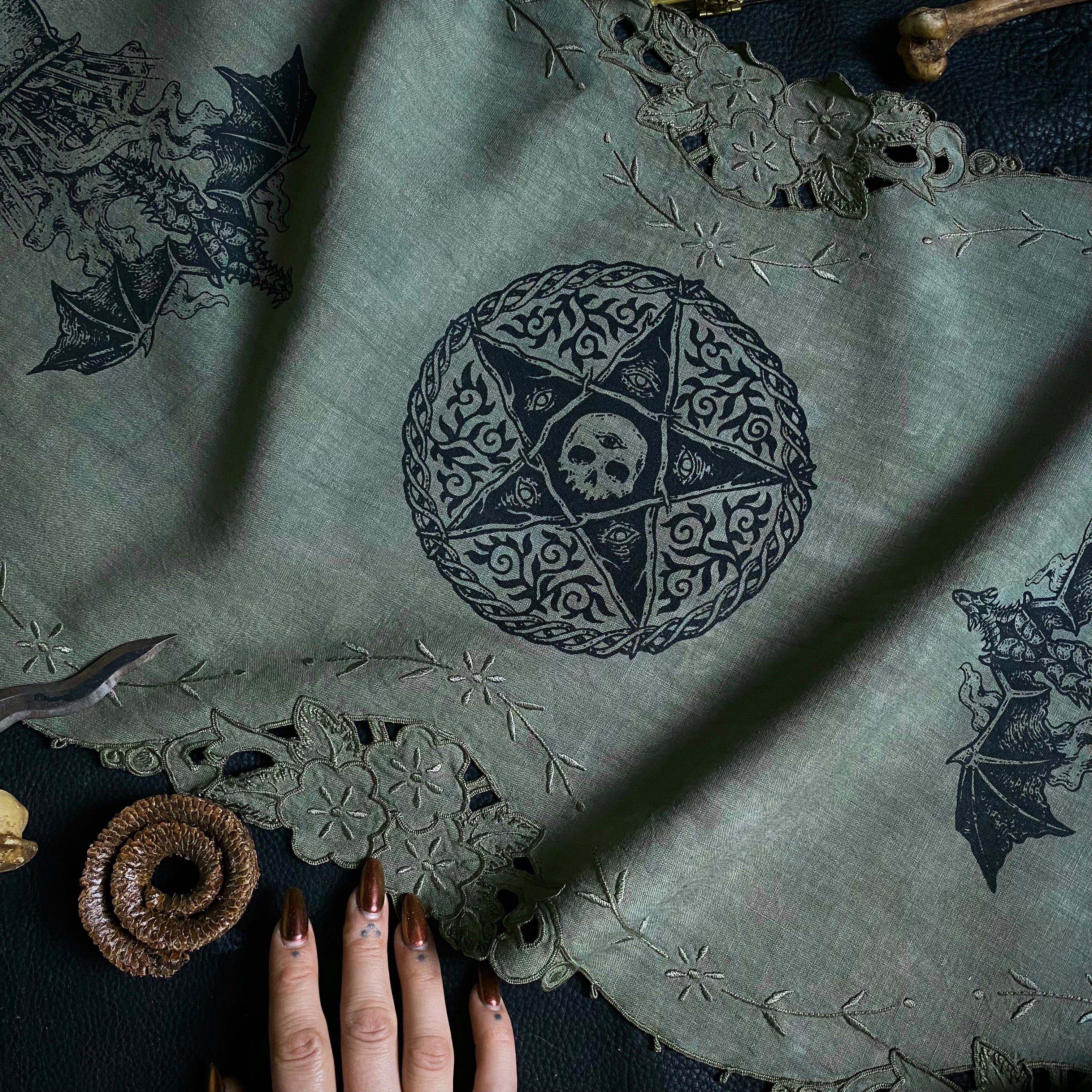 The Dragon's Pentagram altar cloth runner in Frog's Breath, one-of-a-kind