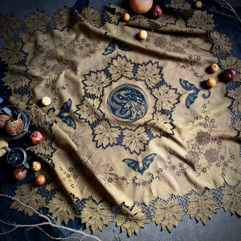 Dark Forest altar cloth in olive grove, one-of-a-kind