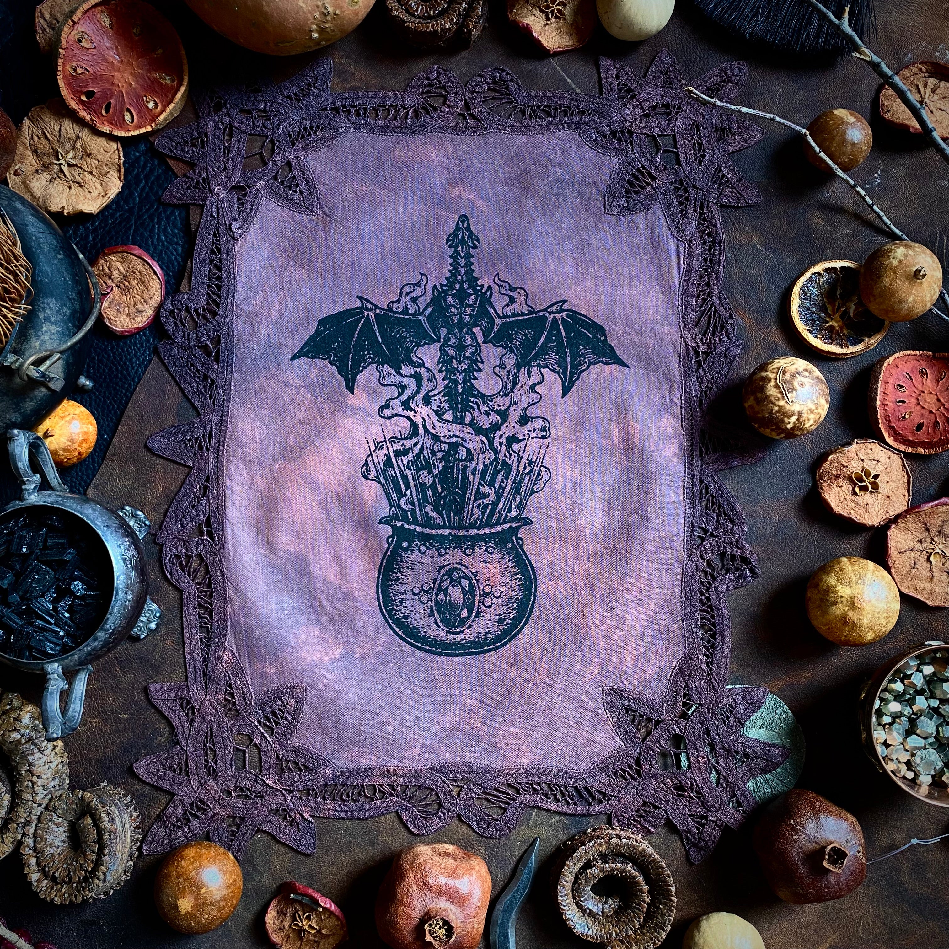 Dragon Flight altar cloth in Plum Sunrise, one-of-a-kind