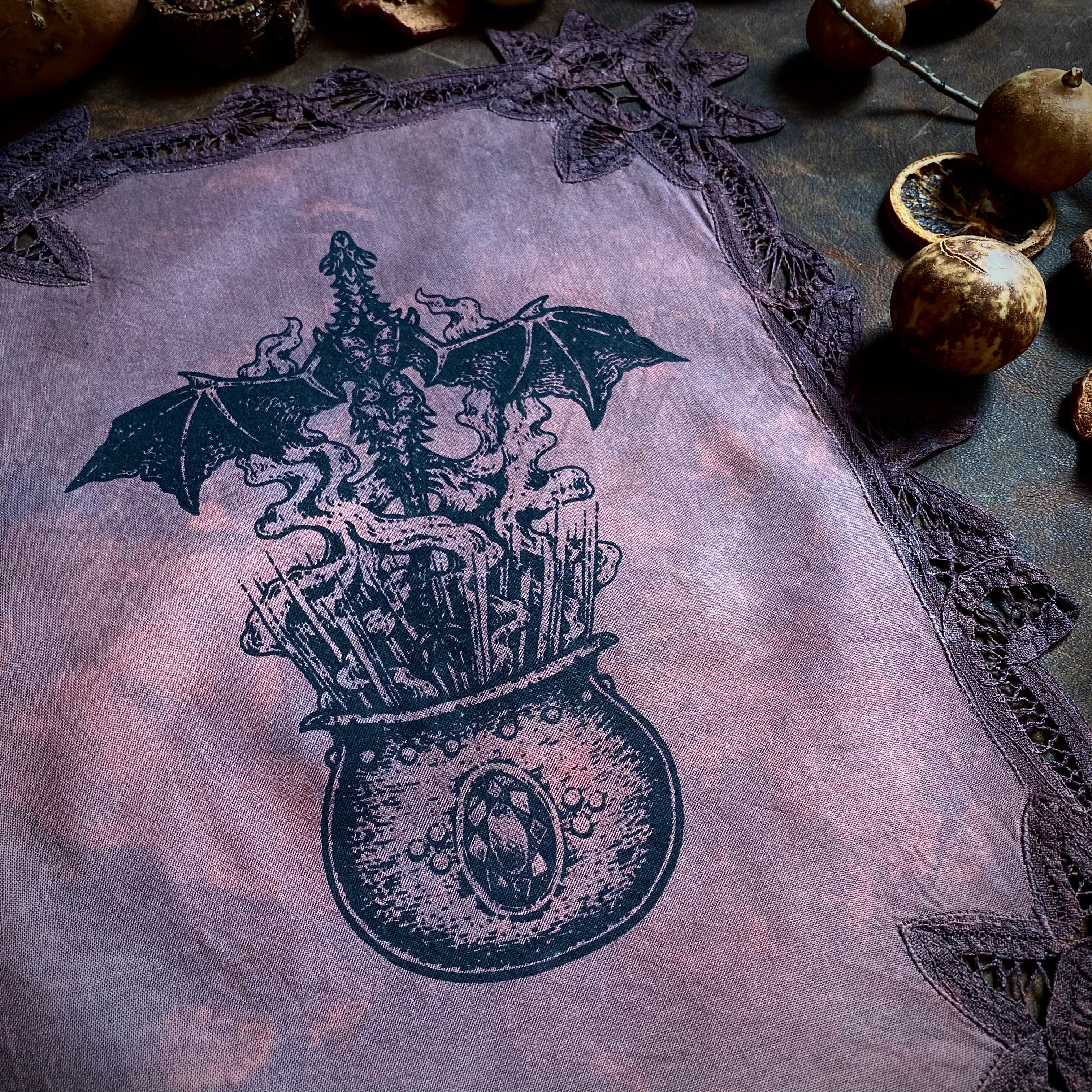 Dragon Flight altar cloth in Plum Sunrise, one-of-a-kind