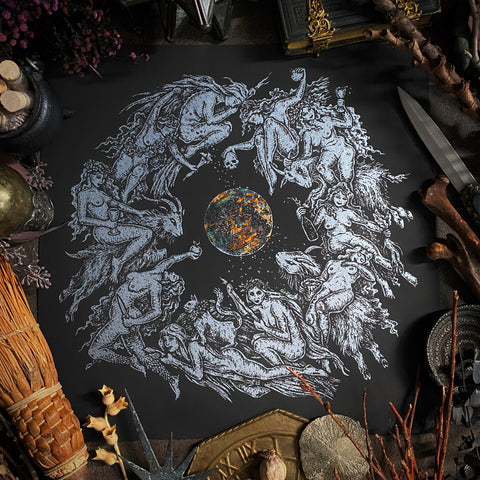 Flight of the Witches screen print in silver with oil-slick metallic full moon