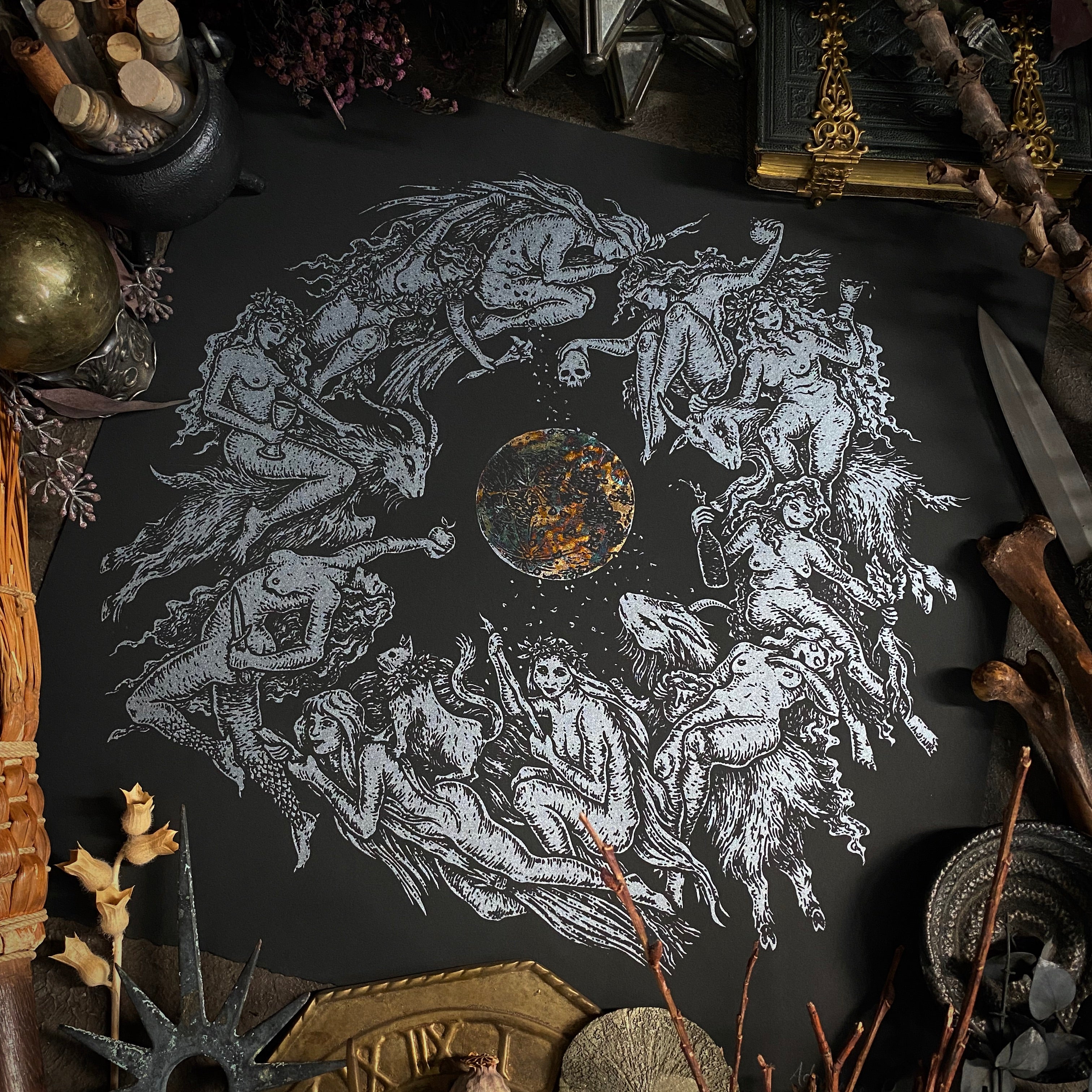 Flight of the Witches screen print in silver with oil-slick metallic full moon